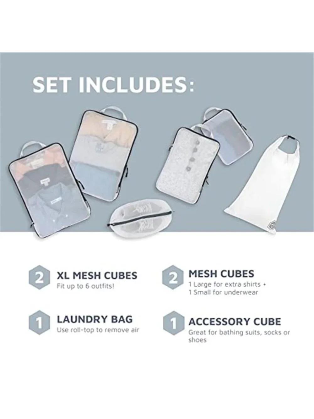 Compression Packing Cubes Travel Luggage Organizer Set Mesh Storage Bags 6 Piece